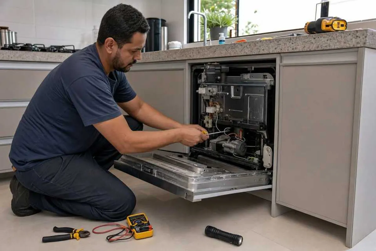 Técnico realizando conserto de lava-louças em cozinha residencial em Santo Amaro