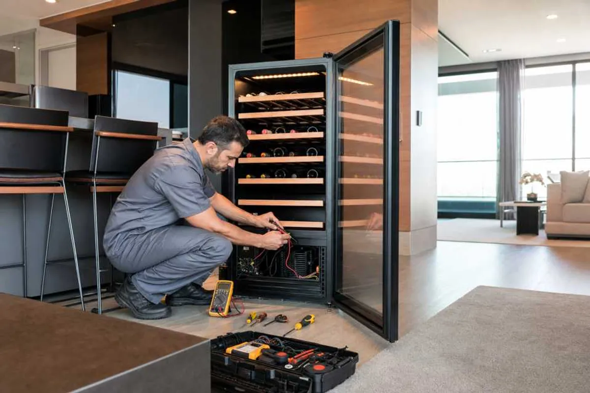 Técnico consertando adega climatizada residencial em Santo Amaro
