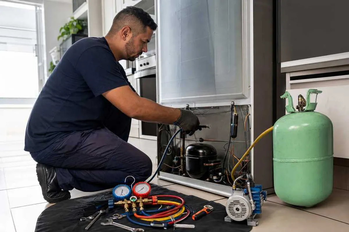 Técnico realizando recarga de gás em geladeira com manômetros e cilindro