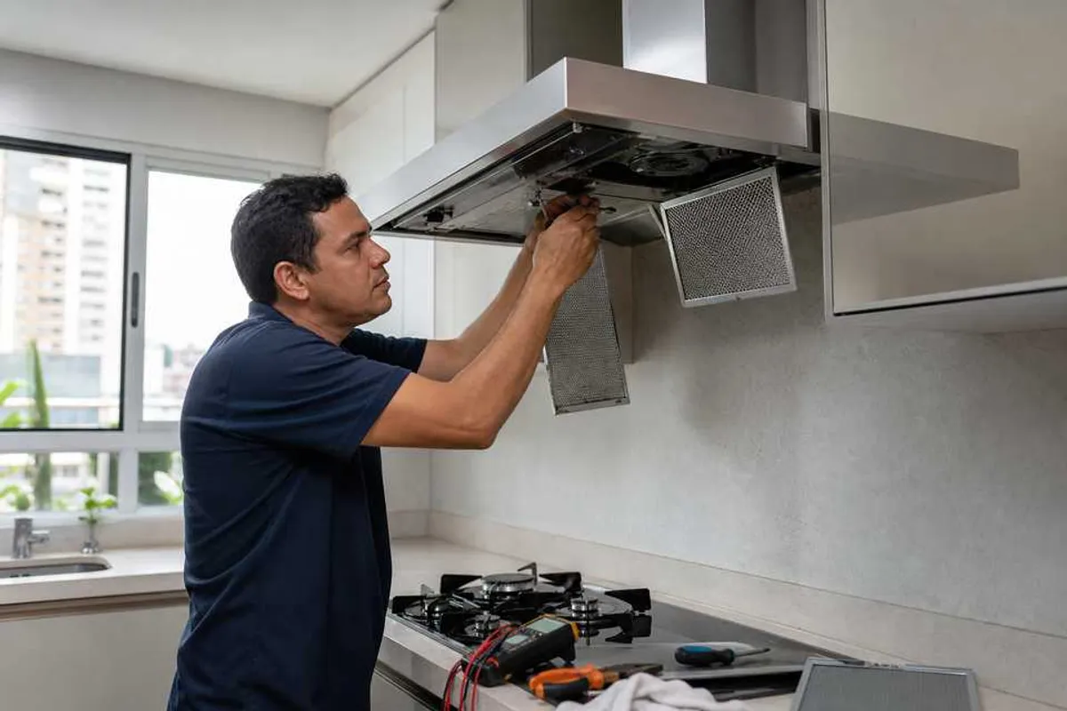 Tecnico fazendo conserto de coifa e depurador em cozinha residencial em Santo Amaro